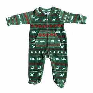Magellan Infant Onesie Holiday Long Sleeve Fleece Front Zipper Green & Red NEW